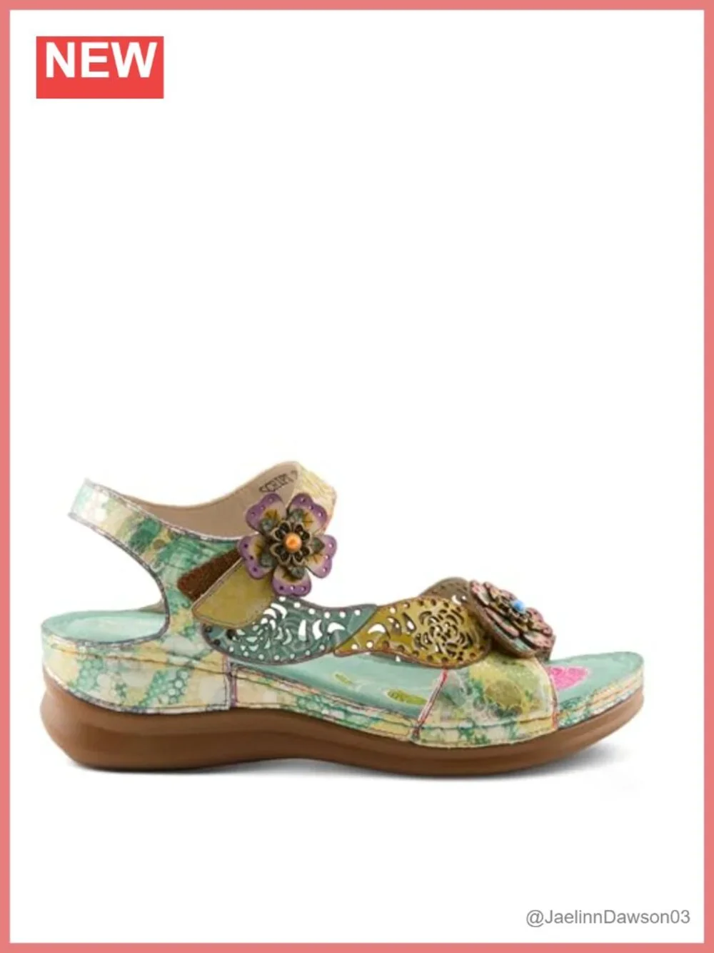 L'Artiste Script Women's Hand-Painted Floral Leather Wedge Sandal